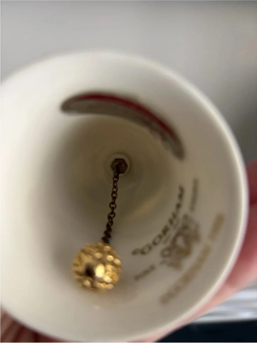 Gorham Cream and Gold Porcelain Holiday Bell with Sleigh Scene